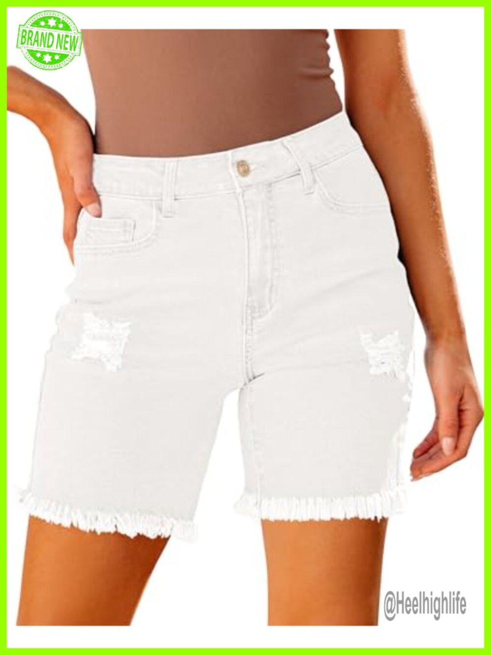 High Waisted Stretch Denim Shorts with Distressed Ripped Raw Hem 7 inch Inseam